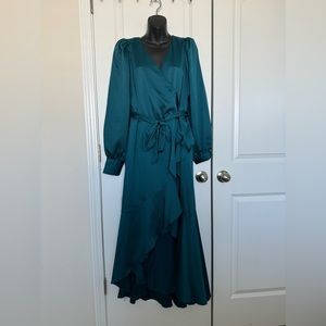 Express women’s cocktail v neck ruffle hem dress with slit and tie waist - XL